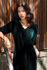 Soft velvet blouse with puffed half sleeves and ruched waistline for elegant evening wear